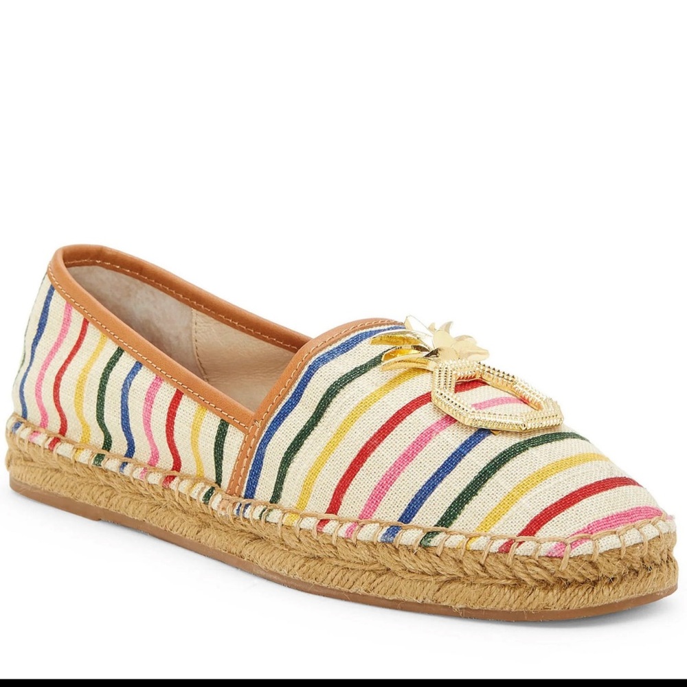 NWOB LOUISE ET CIE Adige Rainbow Striped Pineapple Espadrille Slip On Fla…